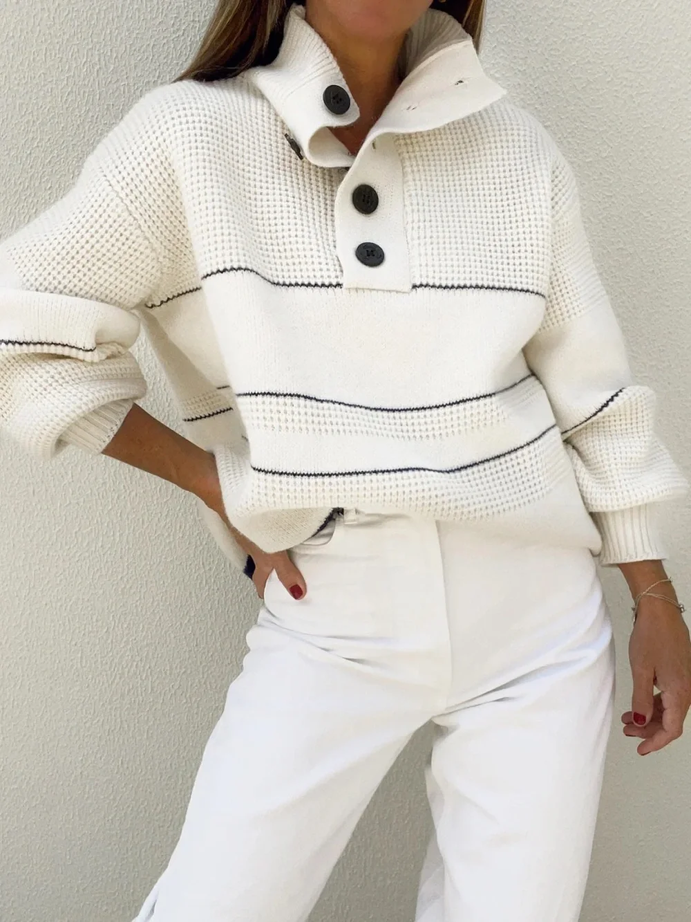 Commense Ivory Open Collar Button Up Sweater - Picture 3 of 5